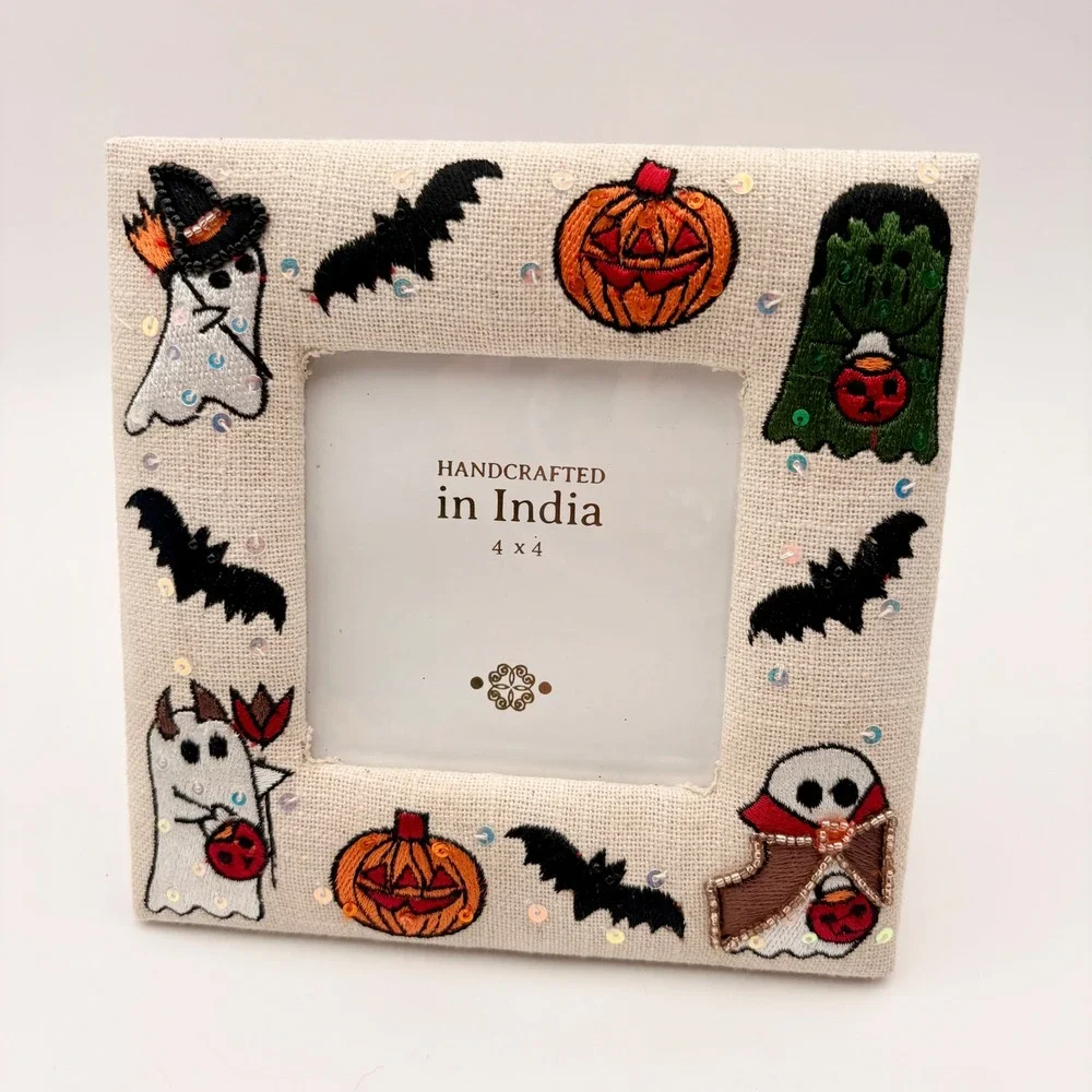 Handcrafted Halloween Embroidered Ghost Pumpkin Bat Fabric Photo Frame 4x4